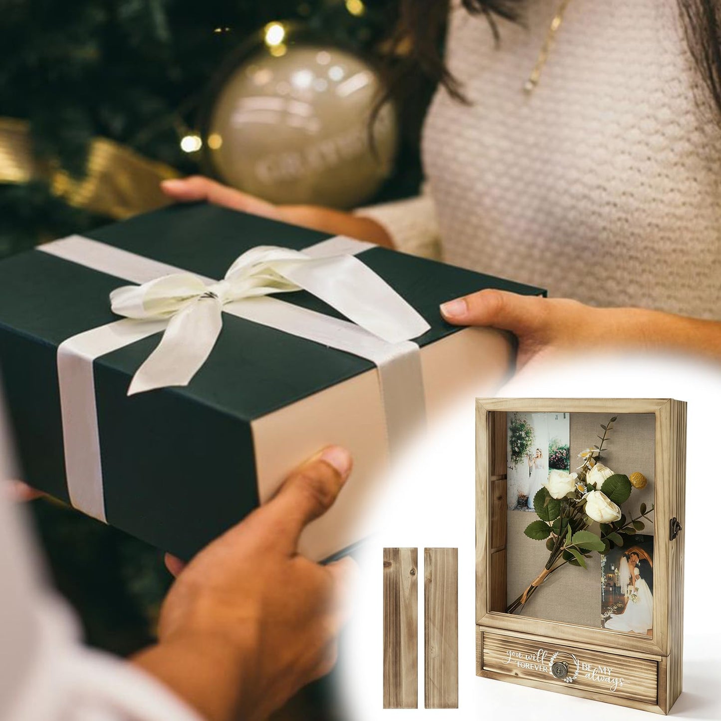 11" x 16" Shadow Box Display Case & Shadow Box Frame - Wooden Wedding Shadow Box with High-Definition Glass, Removable Shelves, Drawer and Linen Lining, for Preserving Photos, Flowers and Keepsakes