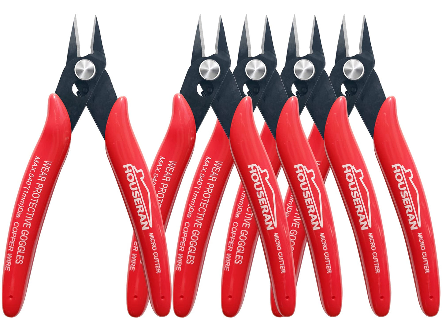 HOUSERAN 170 Wire Cutters, Small Wire Cutters, 5 PACK, 5 Inch Micro Flush Cutter, Spring Loaded Cutting Pliers, Side Cutters, Diagoanl Cutters for Jewelry Making, Models, Zip Ties Plastic Wire Snips