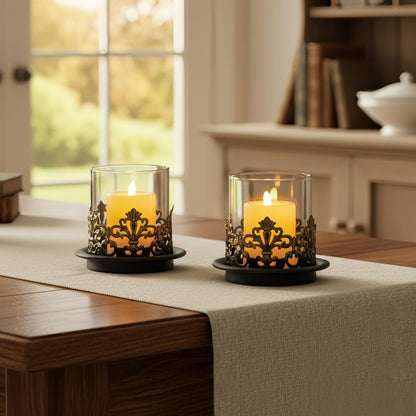 Woparty Vintage Gothic Glass Hurricane Candle Holders, Black Metal Base with Gold Accents, Clear Glass Sleeve, 4.3x4 Inch, Set of 2, for Pillar Candles