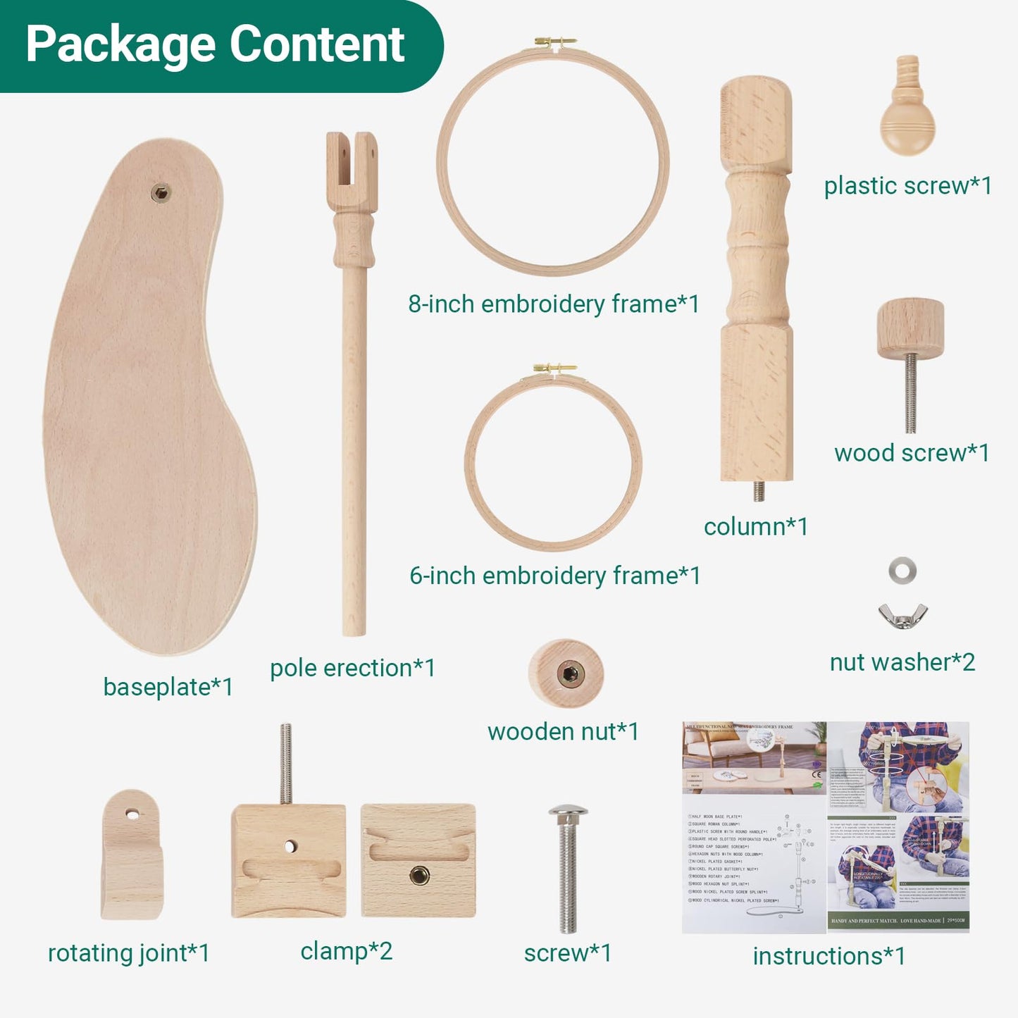 Airo Beech Wood Embroidery Hoop Stand, with 2 Pcs 6'' 8'' Embroidery Hoops, Rotatable, Tool-Free Installation, for Cross Stitch , Embroidery, Sewing Needlework