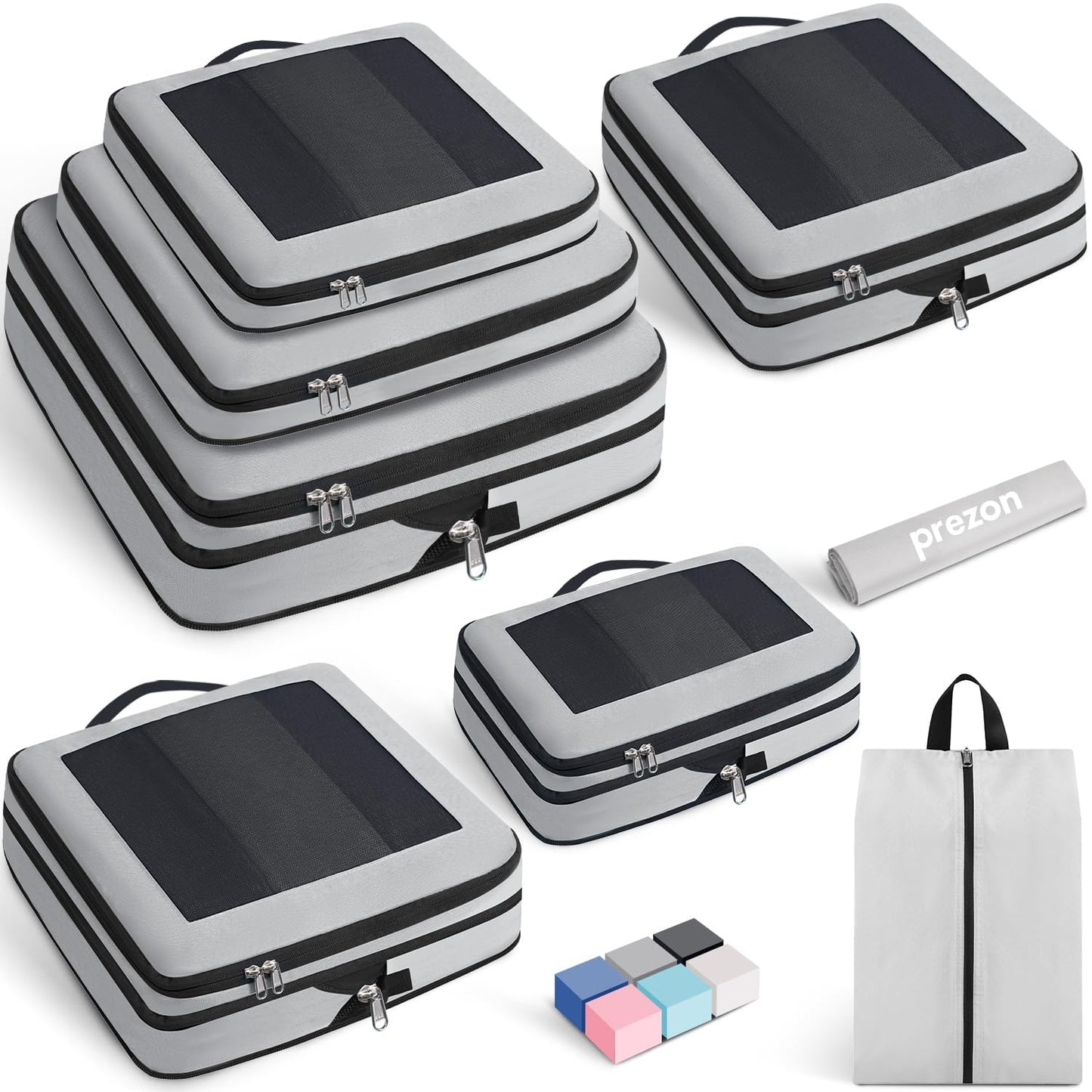 Prezon 8 Set/6 Set/4 Set Compression Packing Cubes for Travel, Lightweight Vacation Travel Essentials, Accessories for Suitcase Organizer Bags Set, Durable Luggage Organizer（8-Square-pewter）