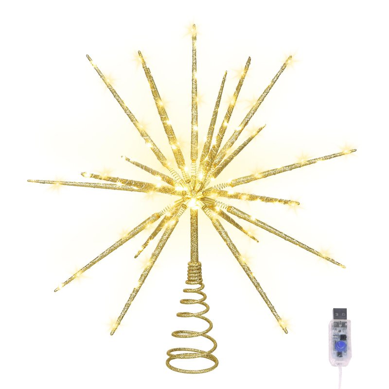 HMASYO 15 Inch Twinkling Starburst Christmas Tree Star Topper, 19-Point Gold Star Tree Topper with 150 LED, Remote Control & Timer, USB Power for Indoor Home Holiday Party Xmas Tree Decoration