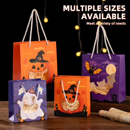 CcXxMming 30 PCS Halloween Treat Bags with Handles and Raffia Grass, 3 Designs Pumpkin Ghost Bat, Small & Medium Sizes, Halloween Candy Goodie Bags with Transparent Window, Party Favor Bags（Medium）