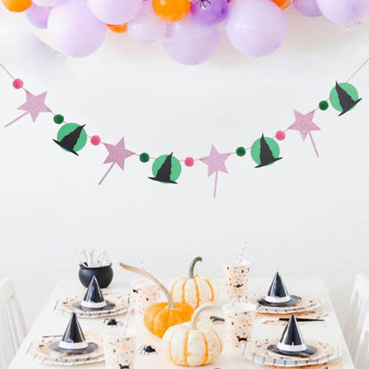 Witch Garland Banner – Pink Fairy Wand and Witch Hat Garland with Pom Poms, Halloween Magic Party Decorations for Girls Birthday, Wizard Theme Decor