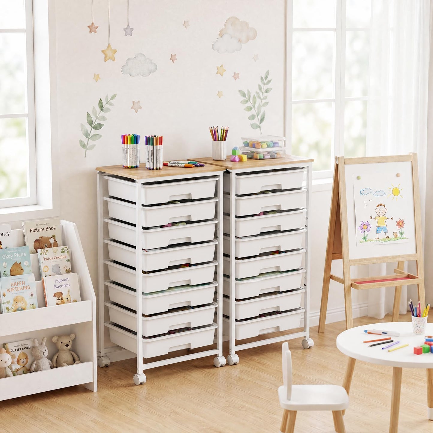 LEHOM Rolling Storage Cart with 8 Drawers, Utility Cart on Wheels with Metal Frame and Wooden Tabletop for Living Room Bedroom Dorm, Office Storage & Art Supply Craft Organizer for Classroom