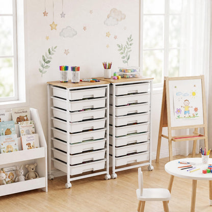 LEHOM Rolling Storage Cart with 8 Drawers, Utility Cart on Wheels with Metal Frame and Wooden Tabletop for Living Room Bedroom Dorm, Office Storage & Art Supply Craft Organizer for Classroom