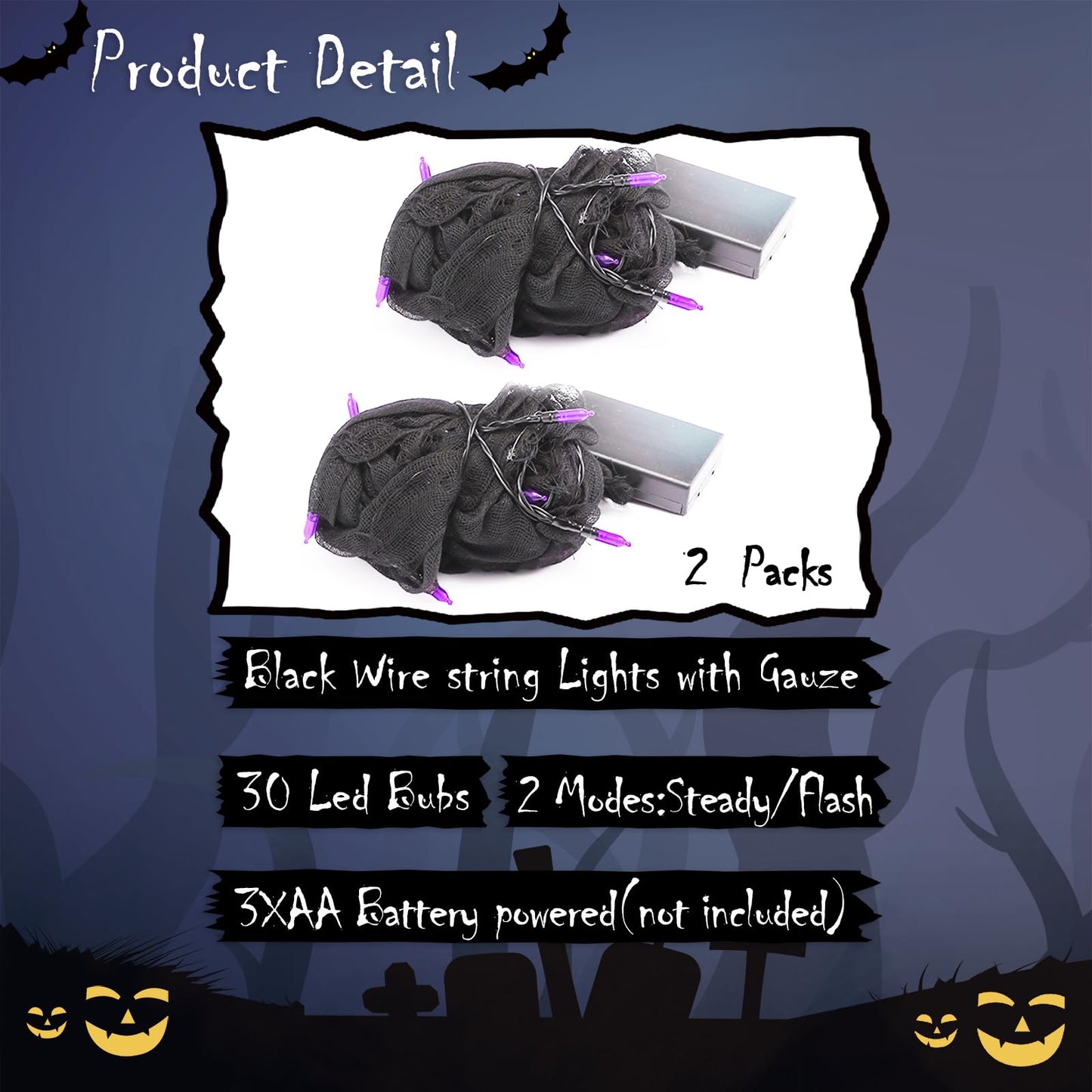 YAOZHOU Halloween Decorations String Lights Purple Indoor 30LED with Black Gauze Timer, 2 Mode Battery Operated 9.9Ft Creepy Cloth Spooky Lights, Gothic Party Room Decor(2Pack)