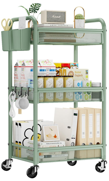 YASONIC 3 Tier Rolling Cart – Metal Utility Storage Carts with Wheels, Craft Carts Organizer with Hanging Cups, Hooks, Mesh Basket for Bedside Kitchen Office Art, Green