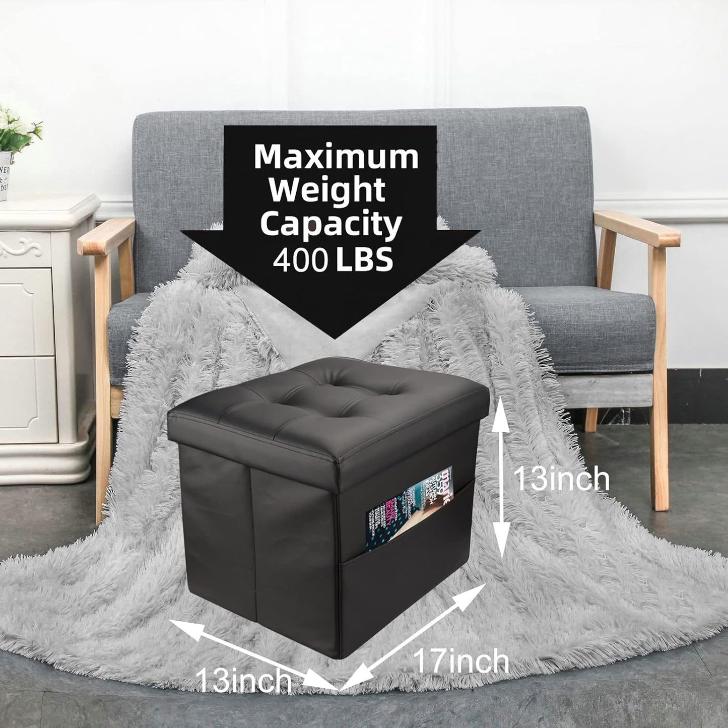 L17W13H13inches Collapsible Ottoman with Storage - Foot Rest Ottoman with Side Pocket - Black