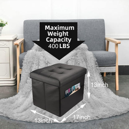 L17W13H13inches Collapsible Ottoman with Storage - Foot Rest Ottoman with Side Pocket - Black