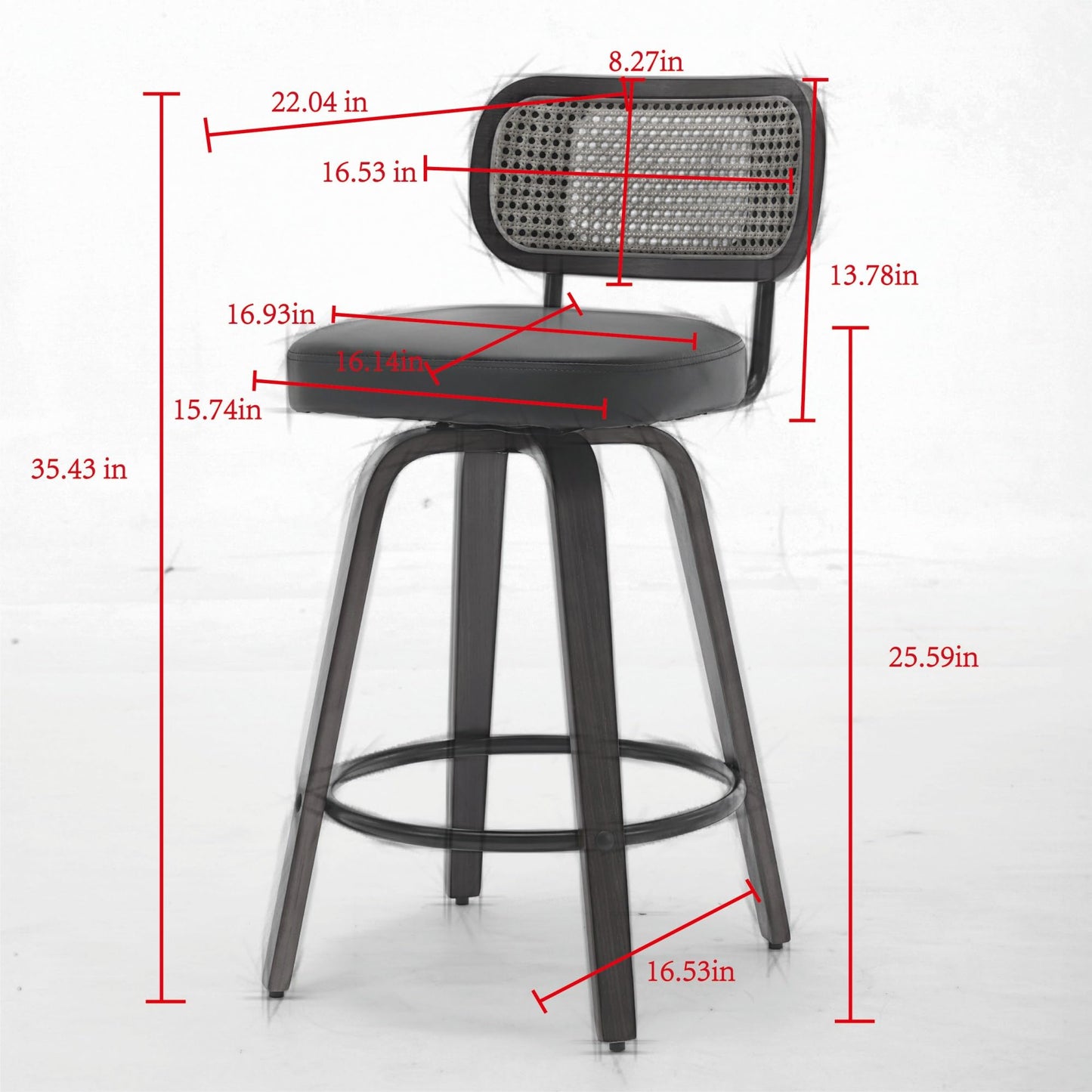KEIKI Set of 3 Counter Height Bar Stools - 26 inch Rattan Counter Height Stools with Cane Back, Upholstered Seat, Walnut Craftsmanship, Swivel Counter Stools for Kitchen/Counter/Bar, Walnut, Black