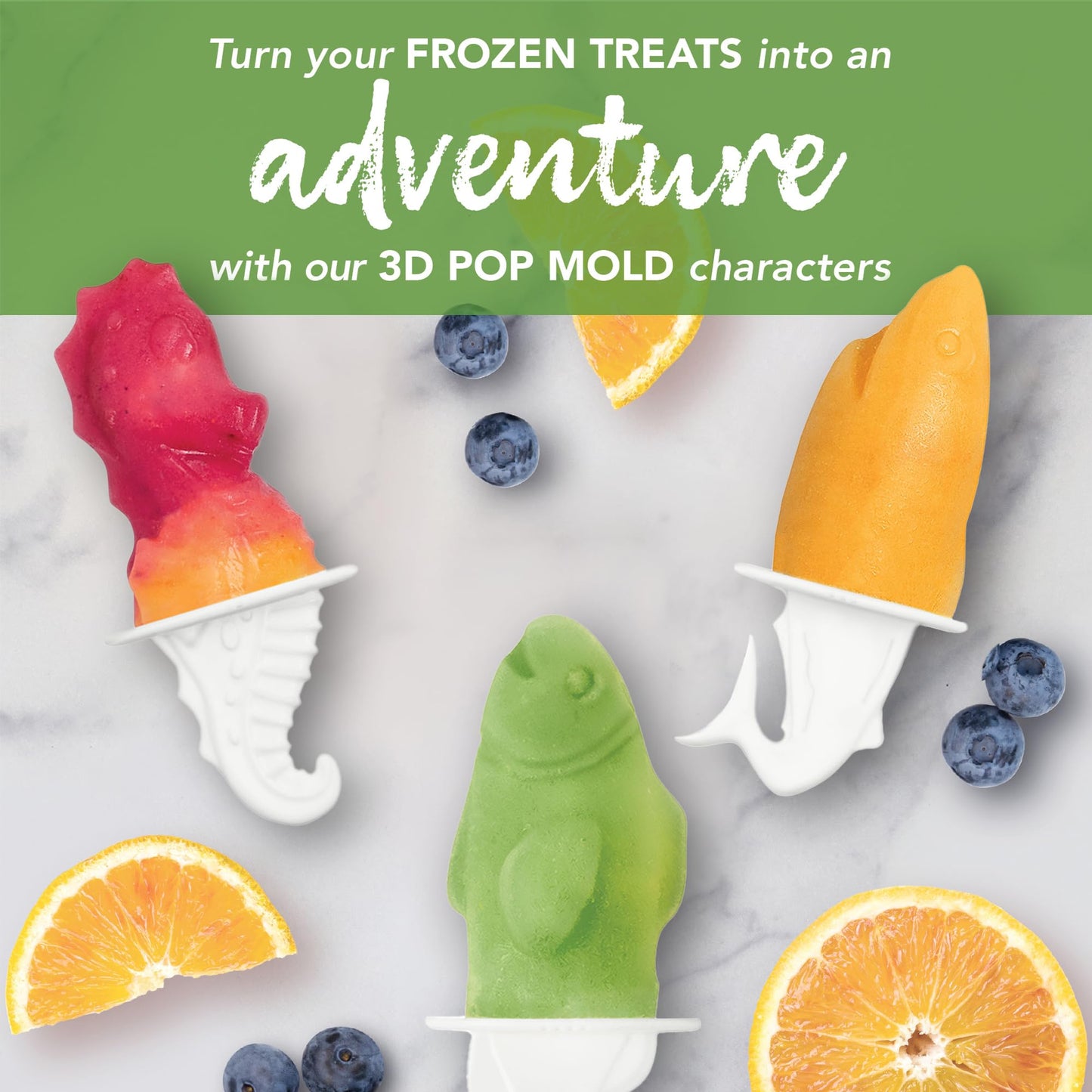 Tovolo Popsicle Molds Fish Shark Sea Horse Turtle Ice Molds Set of 4, Homemade Frozen Aquatic Ocean Fish Friends Pop Maker with Sticks for Kids, BPA Free Dishwasher Safe Silicone Shark Popsicle Mold