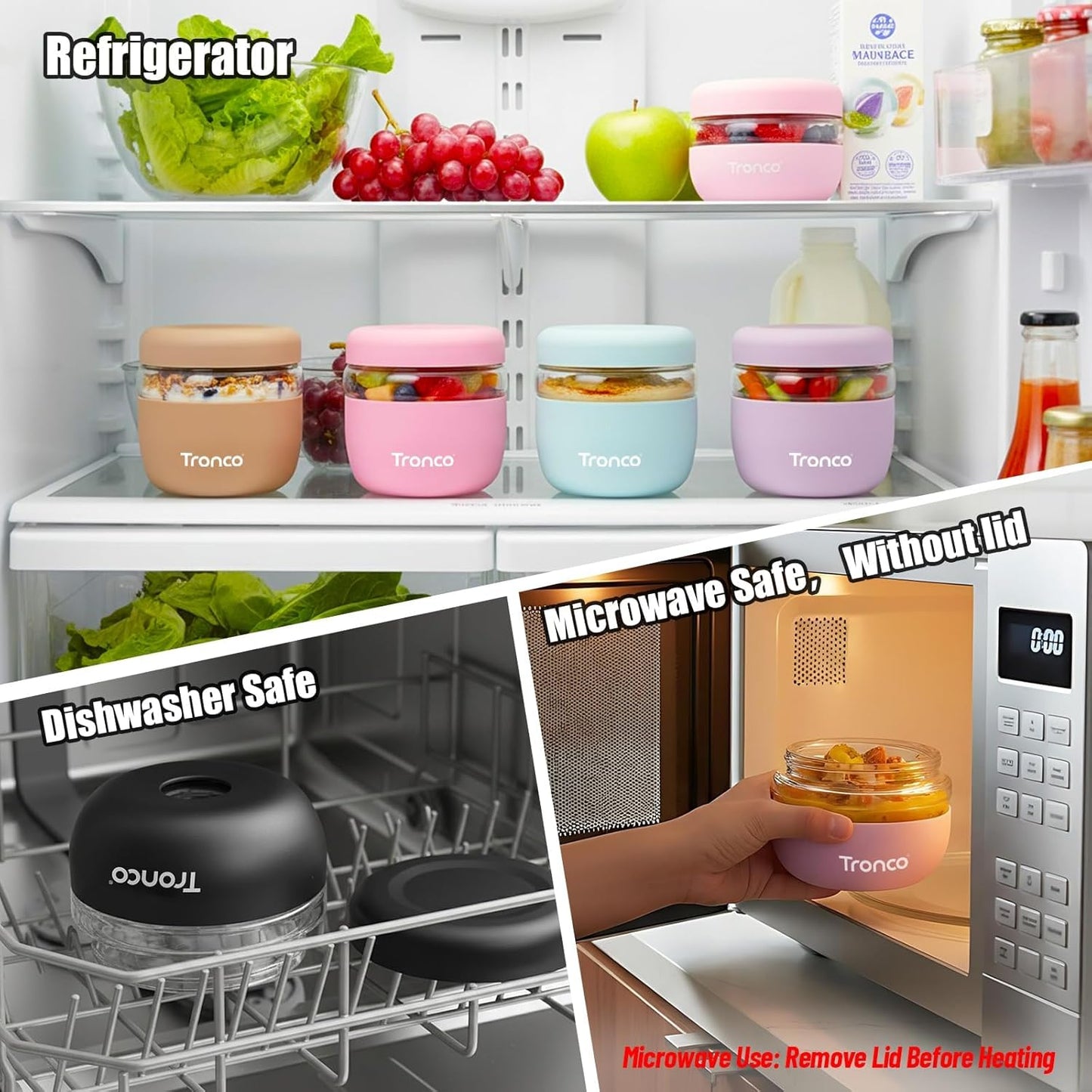 24 oz Set 1 Tronco Glass Lunch Bowl Container with Lid, Glass Food Containers, Leak & Spill Proof, Soup & Stew Food