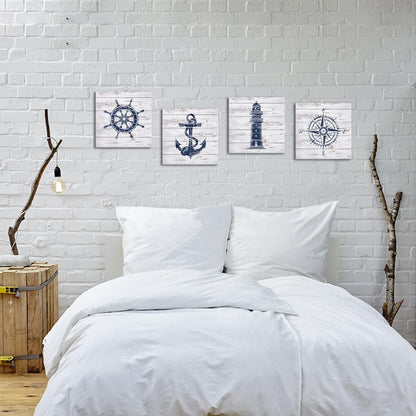 LoveHouse Nautical Canvas Wall Art Nautical Bathroom Decor Navy and White Lighthouse Decor Boat Anchor Compass Painting