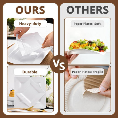 Pryntono 100 Pack White Square Plastic Plates, Includes 50 Dinner Plates 9.5" and 50 Dessert Plates 6.5", Heavy Duty Disposable Plates for Wedding, Holiday Party, Birthday, White