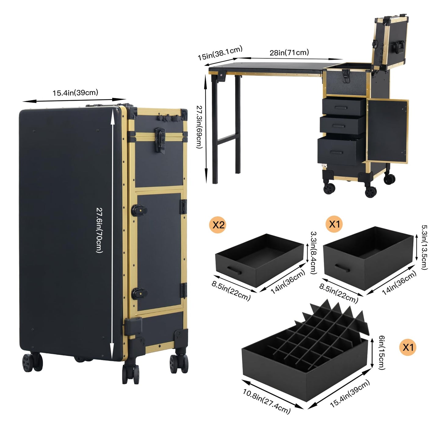 Portable Nail Desk for Nail Tech, Foldable Manicure Table with 3 Drawers & Mirror, Rolling Nail Table with Lockable Train Case, Nail Polish Organizer, Mobile Nail Tech Workstation with Wheels, Golden