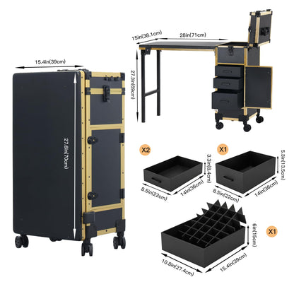 Portable Nail Desk for Nail Tech, Foldable Manicure Table with 3 Drawers & Mirror, Rolling Nail Table with Lockable Train Case, Nail Polish Organizer, Mobile Nail Tech Workstation with Wheels, Golden