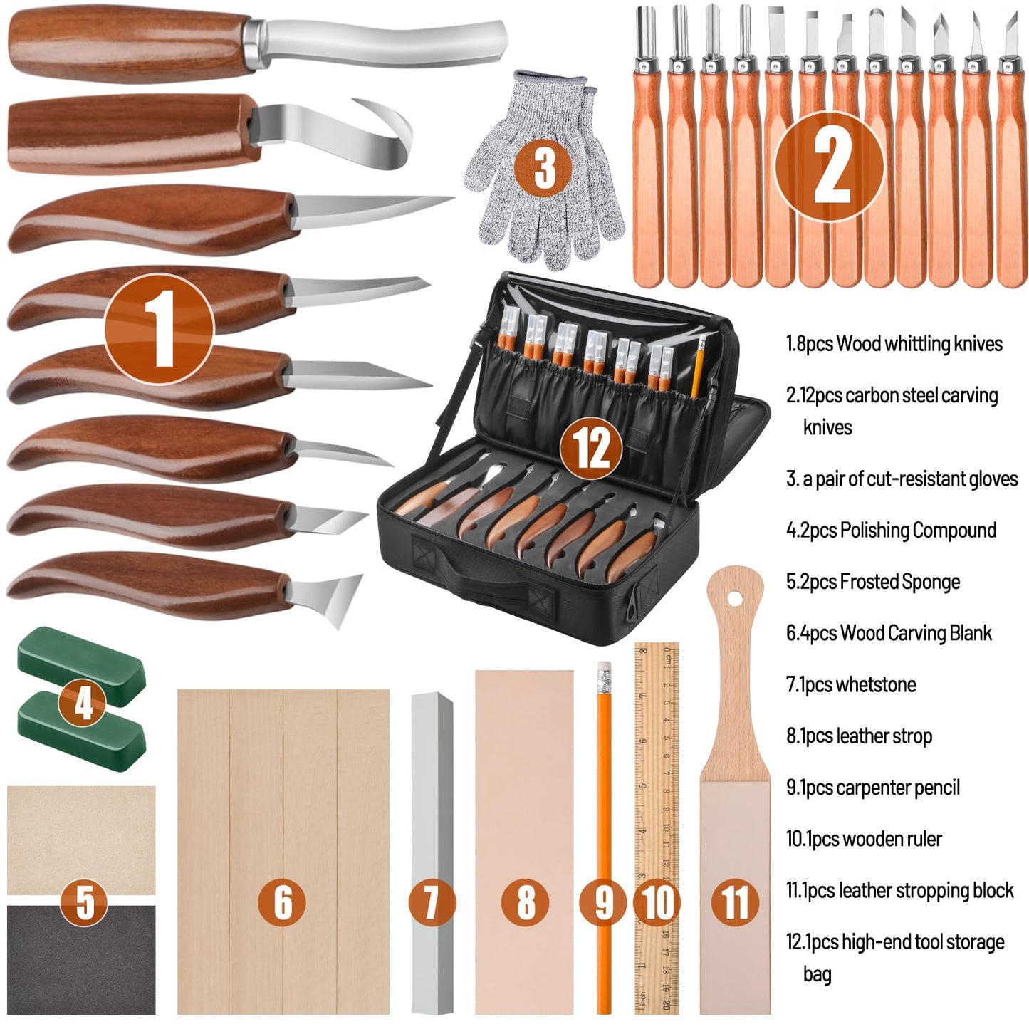 Olerqzer 35-in-1 Wood Carving Kit, Wood Whittling Kit for Beginners, Whittling Knife Set & Carving Tools with Large Storage Bag, Ideal for Spoon Carving, DIY Wood Projects
