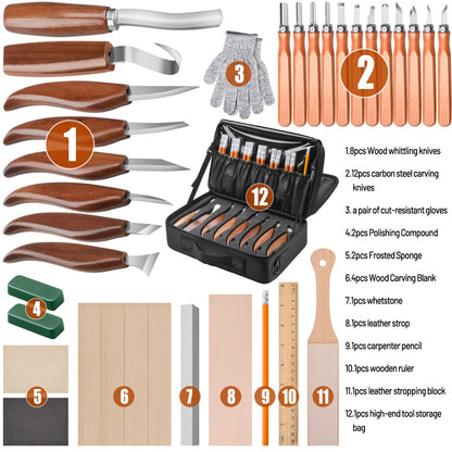 Olerqzer 35-in-1 Wood Carving Kit, Wood Whittling Kit for Beginners, Whittling Knife Set & Carving Tools with Large Storage Bag, Ideal for Spoon Carving, DIY Wood Projects