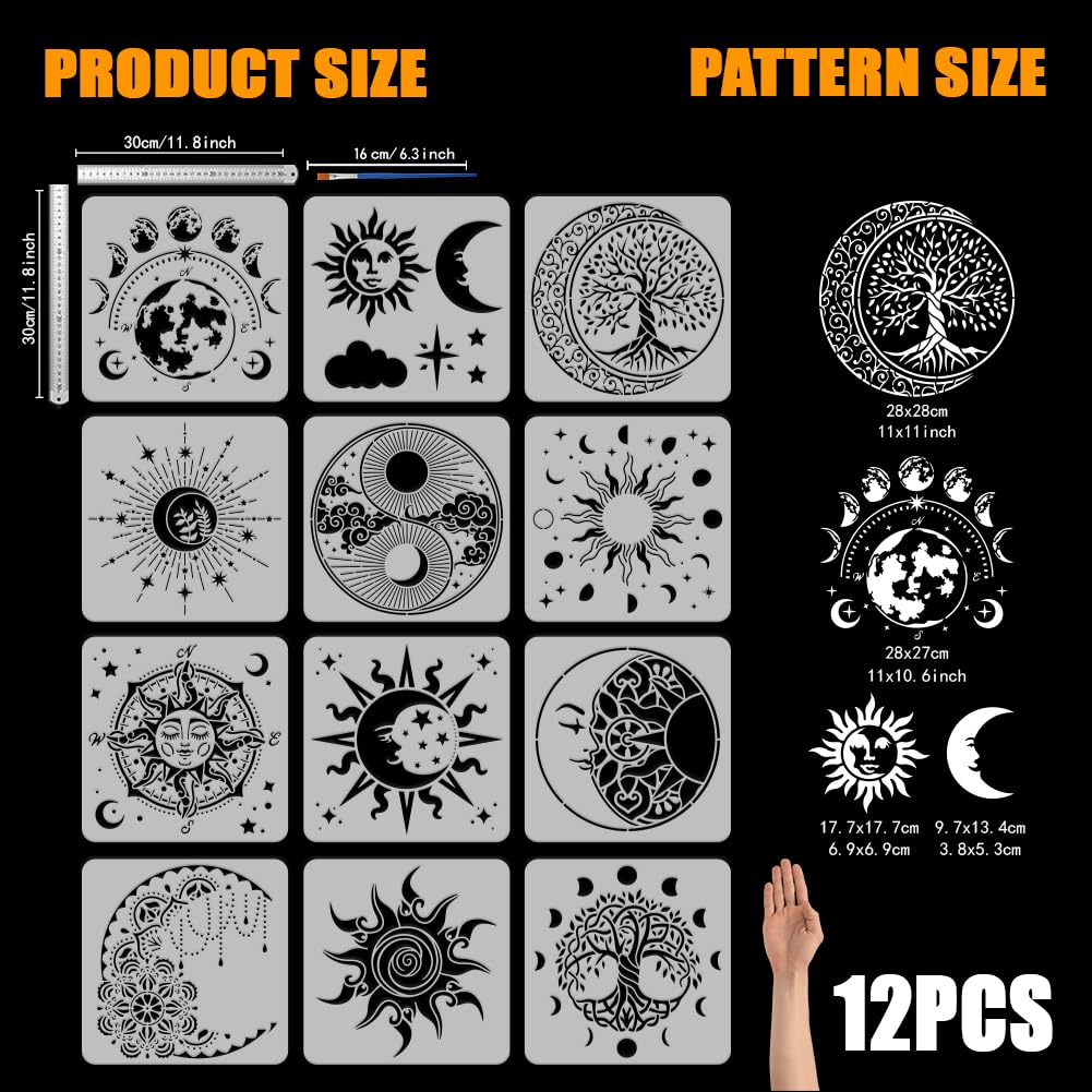 FINGERINSPIRE 12 Pcs Mandala Sun Painting Template with Brush 11.8x11.8inch Moon and Stars Painting Template Tree of Life Painting Stencil Reusable DIY Art Craft Stencil for Wood Floor Wall