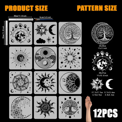 FINGERINSPIRE 12 Pcs Mandala Sun Painting Template with Brush 11.8x11.8inch Moon and Stars Painting Template Tree of Life Painting Stencil Reusable DIY Art Craft Stencil for Wood Floor Wall