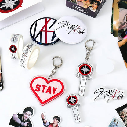 Yanmzmin Stray Merch Gifts Set, Including 55 Postcards, 96 Stickers, 2 Keychain, 2 Pins, 2 Paper Tape, 2 Fridge Magnet, ID Badge Holder, Pocket Notebook and Pendant for Skz's Stays Fans Gifts