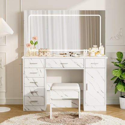 GarveeLife Modern Vanity Desk with LED Mirror – 7 Drawers, Power Outlets, Hair Dryer Holder, 3-Mode Adjustable Lighting – Makeup Dressing Table for Bedroom, Marble White Finish