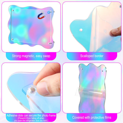 Wenqik 6 Pack Iridescent Wavy Magnet Picture Frames for Refrigerator 5 x 7 Floating Photo Frames Double Sided Magnet Photo Display with Adhesive Dots for Home Classroom