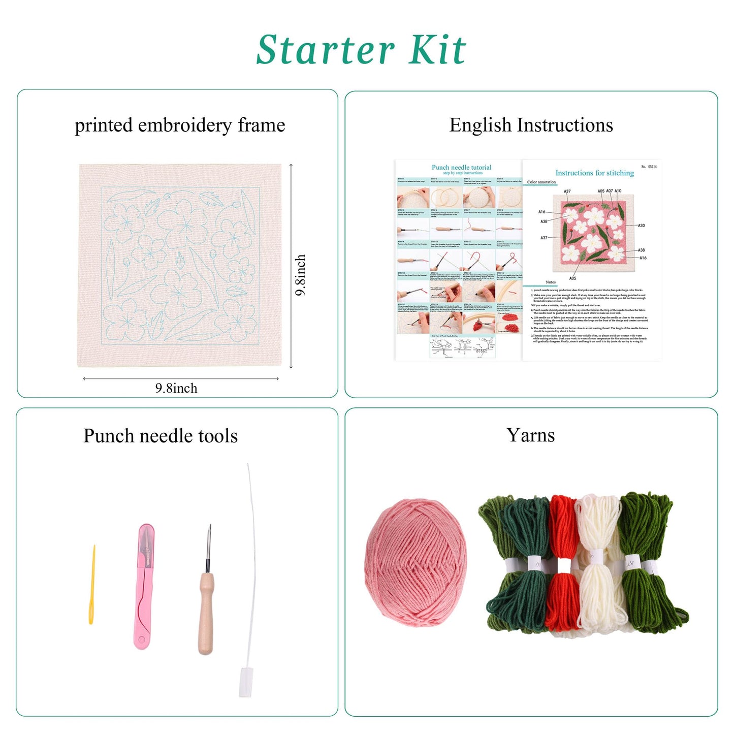 Embroidery Punch Needle kit Frame, Embroidery Starter Kits for Beginner Kids,Punch Needle Fabric with Pattern,Threader, Yarns,Embroidery Hoops & Rug Punch(Pink)
