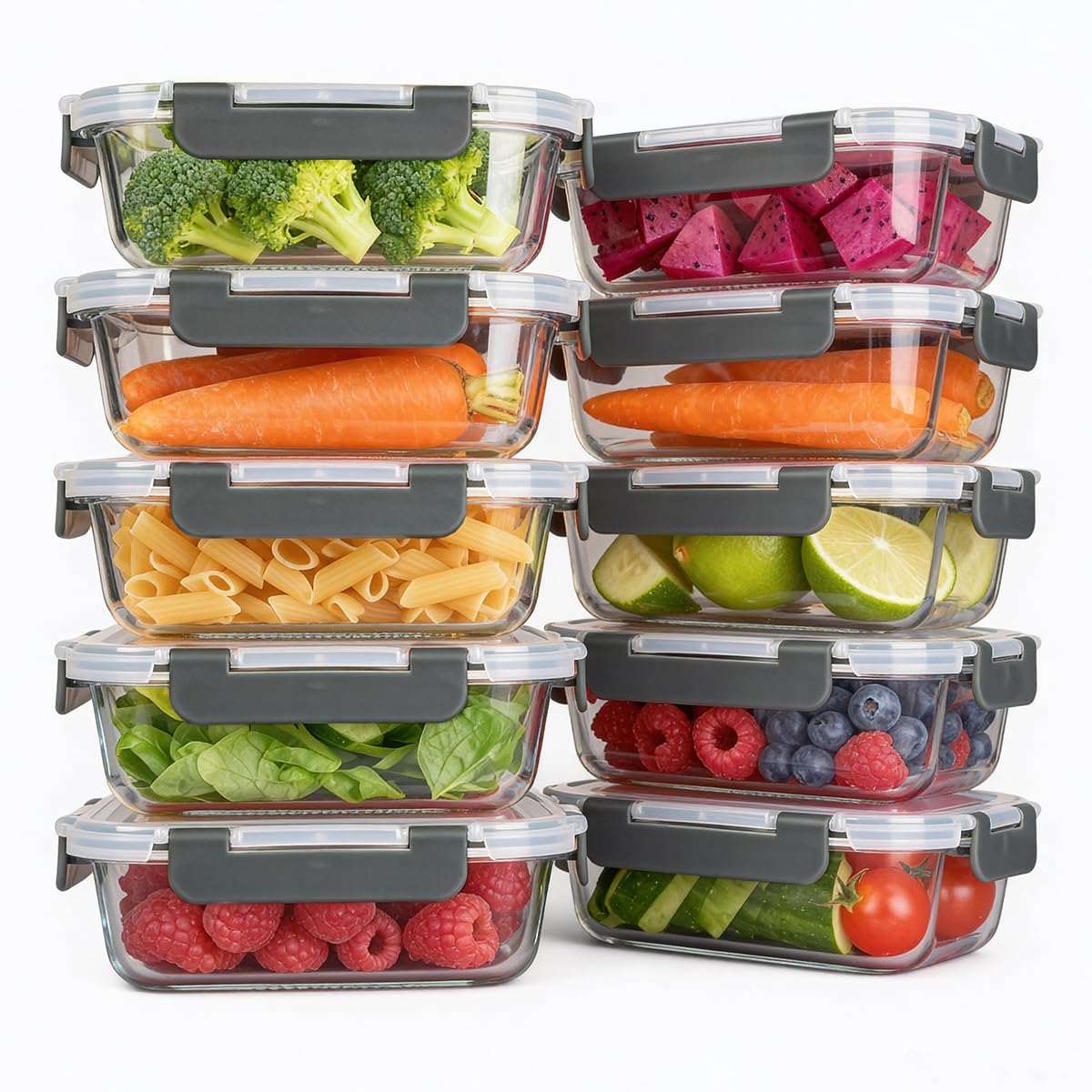 KAMOTA Glass Food Storage Containers, 10 Pack Glass Meal Prep Containers, Airtight Containers with Snap-Lock Lids, 22 oz Grey Container Set with Lids, for Microwave/Oven/Freezer/Dishwasher