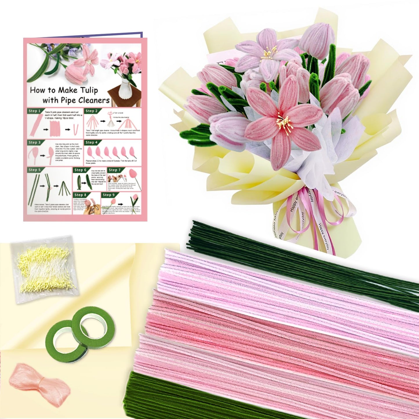 Morcheiong 480 Pcs Pipe Cleaners Tulip Craft Flower Making Kit for DIY Arts Craft Supplies- Pink Series