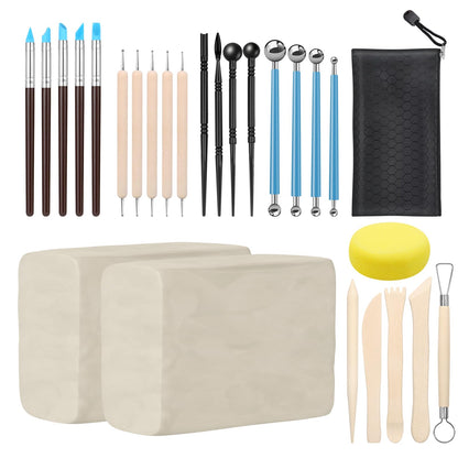 ZEHIQ Premium Air Dry Clay Kit, 2.2LBs Natural White Pottery Clay with 25 Pcs Clay Sculpting Tools, Modeling Clay for Pottery Wheel & Craft Projects, Ideal for All Skill Levels (White & Tools)