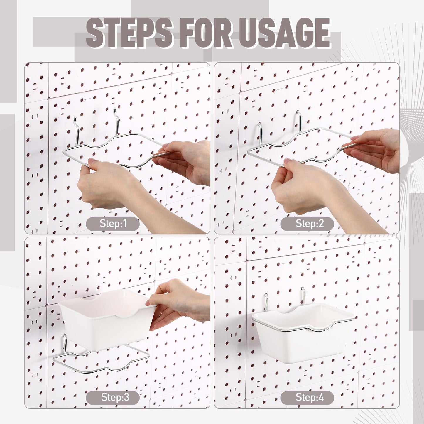 Willinglong 6 Sets Large Pegboard Bins with Hooks Loop Peboard Accessories Peg Board Hook Assortment Wall Organizer Square Box Shape Peg Board Container for Office Wall Craft Supplies Garage (White)