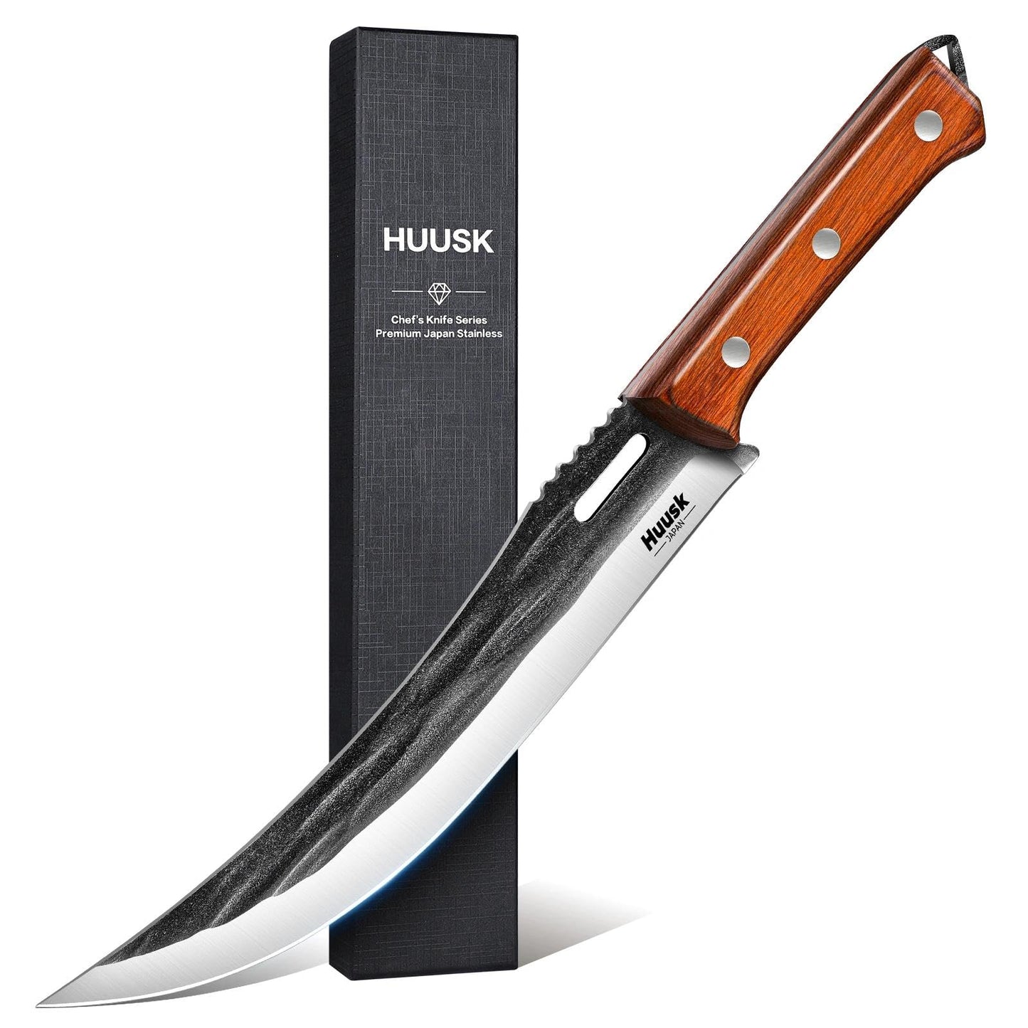 Huusk Hand Forged Carving Knife - Japanese Razor Sharp Butcher Knives for Meat Cutting, Curved Brisket Slicing Knife with Ergonomic Full Tang Handle, Gift for Men and Women