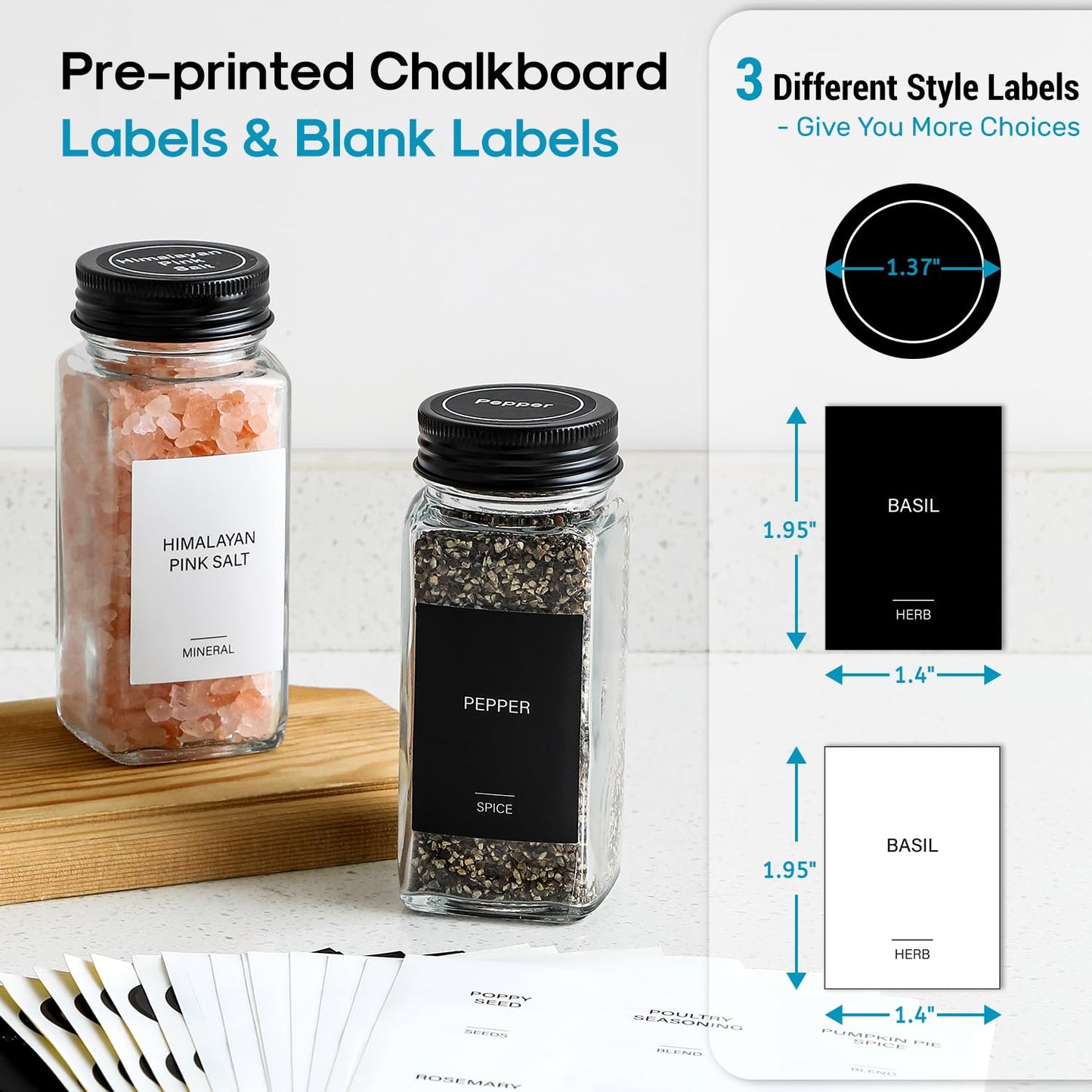 AOZITA 14 Pcs Glass Spice Jars with Spice Labels - 4oz Empty Square Spice Bottles - Shaker Lids and Airtight Metal Caps - Chalk Marker and Silicone Collapsible Funnel Included