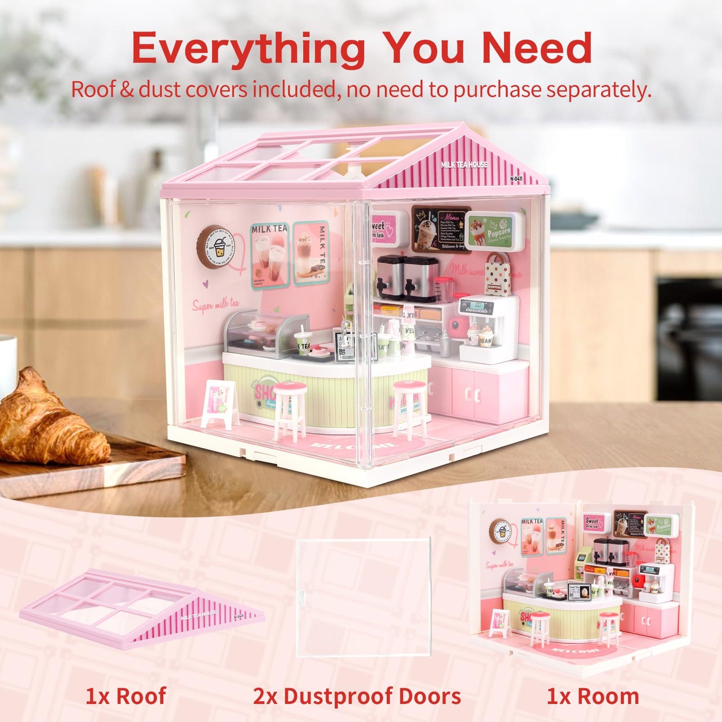 Hallisun LED Building Blocks for Adults, 1:24 DIY Miniature Dollhouse Kits with Roof & Dustproof Cover, Tiny House Toy Building Sets for Kids Ages 8-12-15, Birthday Hobbies Gift for Men Women Boy Girl