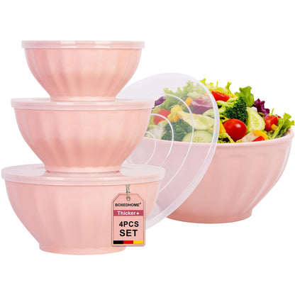 BoxedHome Mixing Bowls with Lids Set, 4PK Large 0.2” Thick Plastic Nesting Mixing Bowl, Microwave Safe,Size 1.37,2.32,3.8 and 5.07qt, Pink