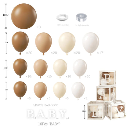 140Pcs Coffee Brown Baby Shower Decorations - Neutral Balloon Arch Garland Kit with 4 Baby Boxes - Mocha Beige Sand Nude Balloons for Teddy Bear Theme, A Baby Is Brewing, Gender Reveal Party