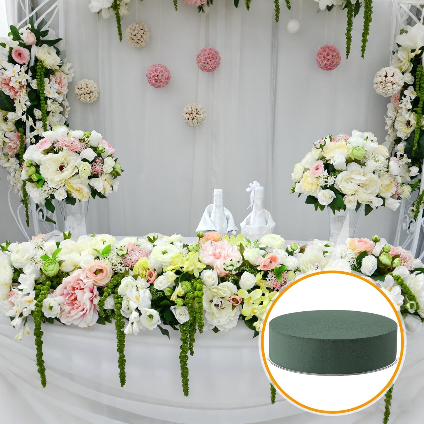 Threlaco 12 Sets Round Floral Foam and Clear Plastic Saucer Plant Drip Tray Floral Flower Dish Green Foam for Artificial Flowers Wedding Home Party Decoration (7 Inches)