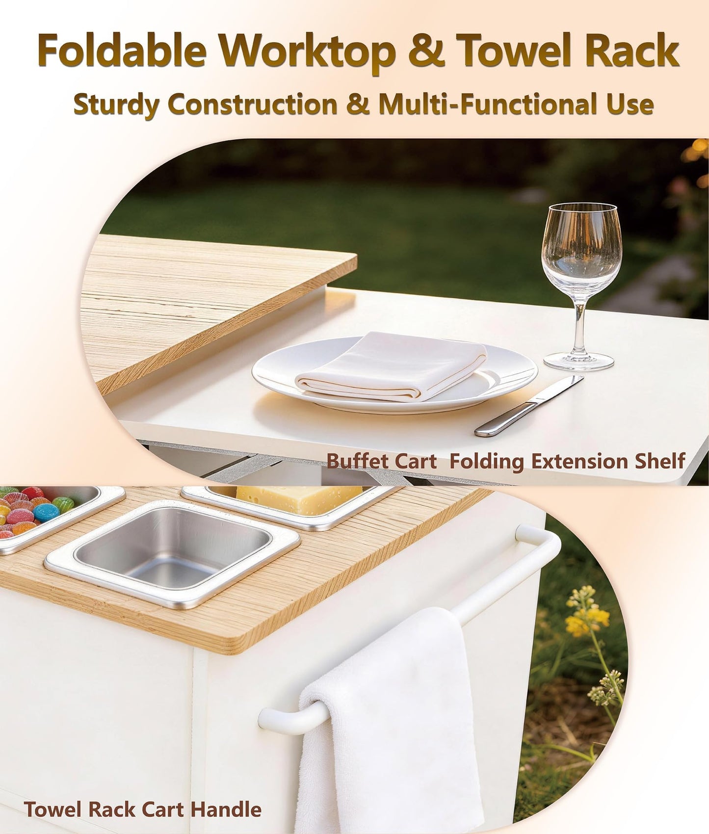 Jinrrenyi Charcuterie Cart with 12 Removable Stainless Steel Food Pans, Foldable Side Tables with Wheels, Mobile Pizza Topping & Salad Bar Station for Buffet, Home, Party, Catering