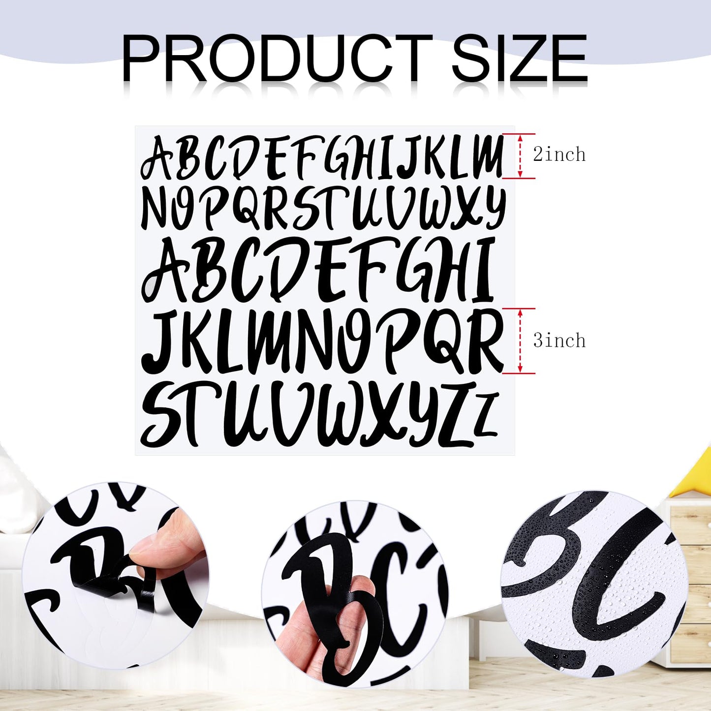TaoBary 416 Pcs Letter Stickers, 8 Sheets Cursive Alphabet Stickers, 2''& 3'', 2 Size Waterproof Vinyl Self-Adhesive Letter for Graduation Cap Scrapbook DIY Craft Window Door Mailbox Classroom, Black