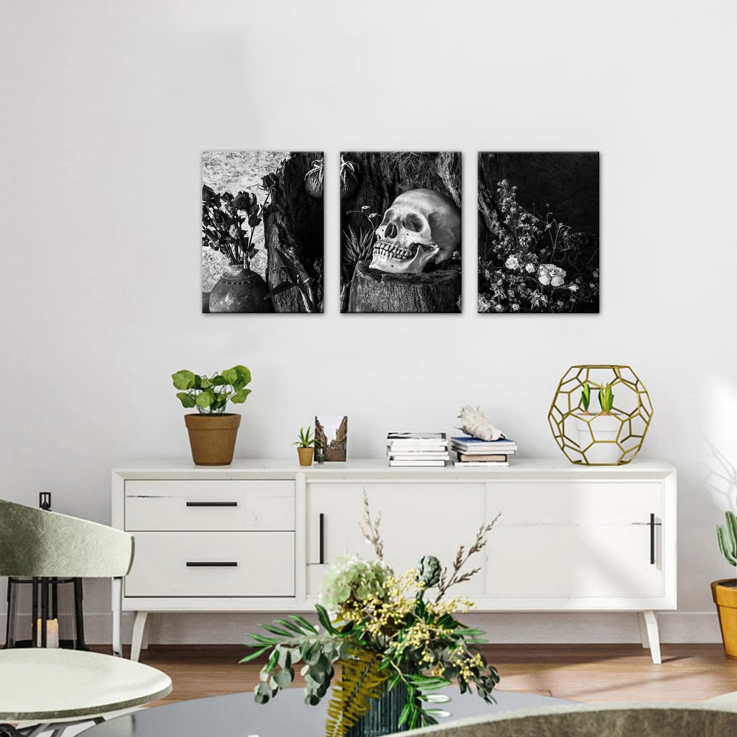 NutArtPic Skull Painting Day of the Dead Wall Art Black White Skull Flower Wall Picture Gothic Skeleton Canvas Gallery Wrapped (Black White, Small)