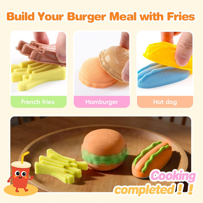 Crelloci Food Theme Magic Play Sand Kit for Kids – 2.2lb Sensory Play Sand with Burger, Hot Dog, Chips, Cake & Ice Lolly Moulds, Cutters, Roller, Fork & Spoon – Creative Sand Toys for Kids Age 3+
