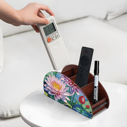 DIY Diamond Painting Storage Box, Pink Lotus Design Handmade 5D Diamond Art Case Multi-Compartment Wooden Desktop Organizer for TV AC Remotes Makeup Brushes Pens Holder Tabletop Craft Storage