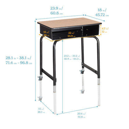 ECR4Kids Mobile Open Front Desk with Metal Storage Book Box, Classroom Furniture, Oak