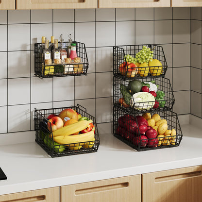 X-cosrack Stackable Wire Baskets for Counter, Fruit and Vegetable Storage, Potato and Onion Storage Bin，Kitchen Pantry Organizer - Wall Basket for Produce/Snack/Can, 3-tier Large, Black