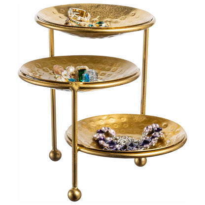 MyGift 3 Tier Jewelry Dish Organizer - Hammered Brass Plated Metal Ring Tray, Decorative Earring, Necklace, Bracelet Storage Display Tower - Handcrafted in India