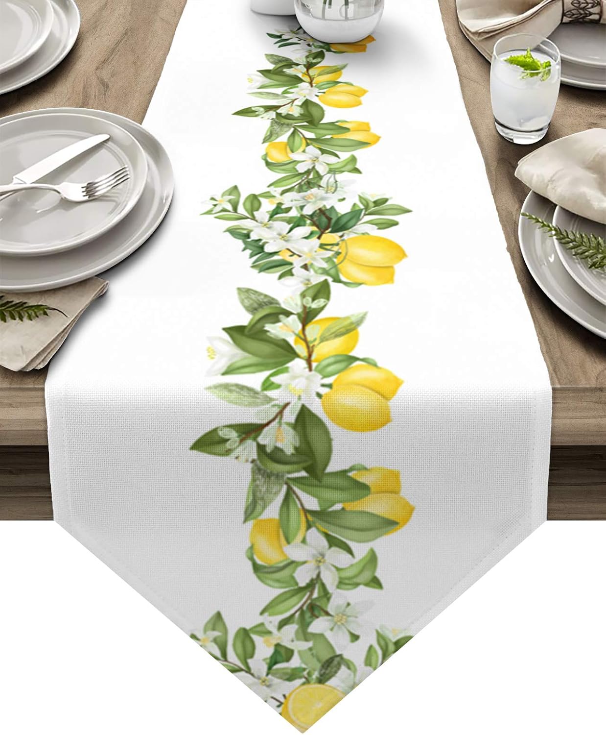 Cotton and Linen Triangle Table Runners, 72 Inches Long, Summer Lemons White Floral Swirls for Wedding Party Decoration