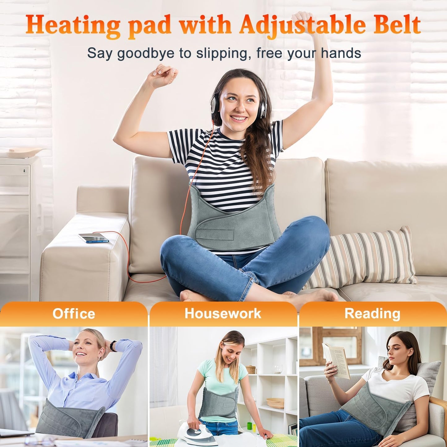 MELCAM Heating Pad for Back Pain Relief, 12"x24"+20" Large Electric Heating Pad for Period Cramps with Belt, 6 Heats Levels & 4 Timers, Auto Shut Off, Machine Washable, Gifts for Women Men Mom Dad