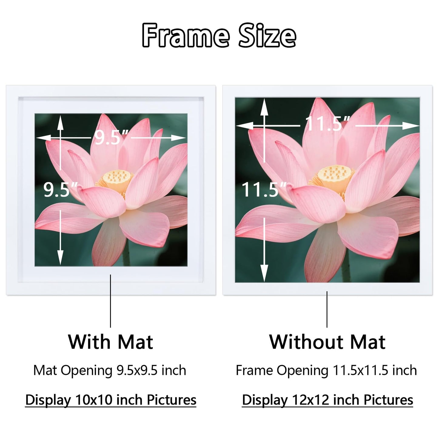 12x12 Picture Frame Set of 2, 30x30 cm Diamond Art Frames, Includes Mat to Fit 10x10 (25x25cm) Pictures, Solid Wood 12 x 12 Square Frame for Diamond Paintings/Posters/Photos/Artworks/Images - White